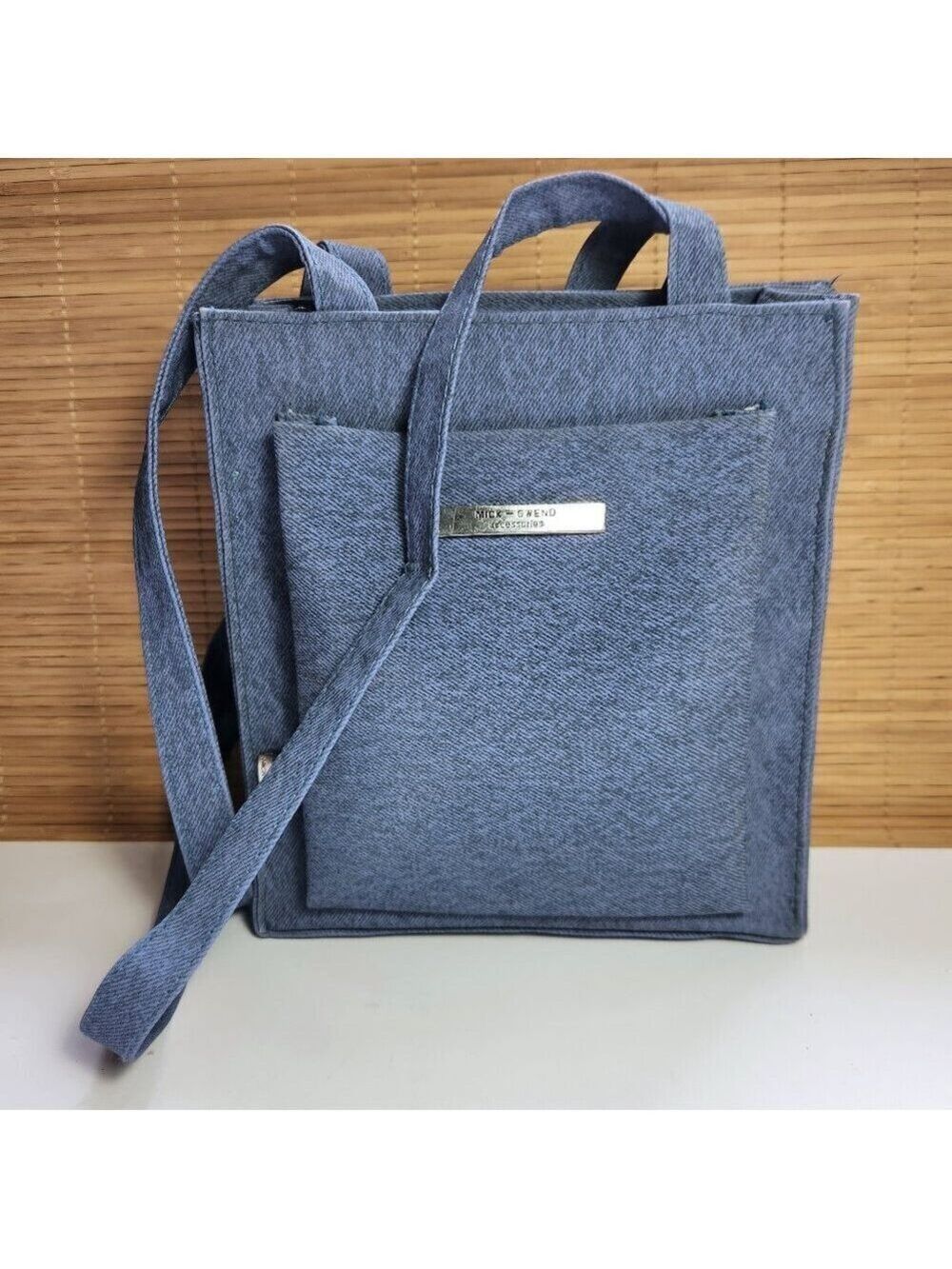 Mick-Gwend Waxed Canvas Shoulder Tote Bag Purse Two Zip Pockets Blue 30" Straps